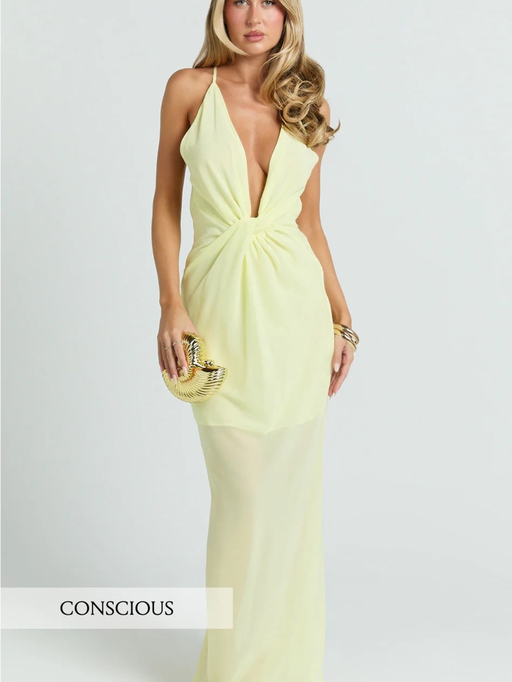 Pale Yellow Twist-Front Maxi Dress